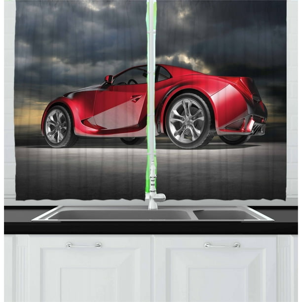 Cars Curtains 2 Panels Set, Modern Red Sports Car on Dramatic Sky Backdrop with Dark Cloudscape