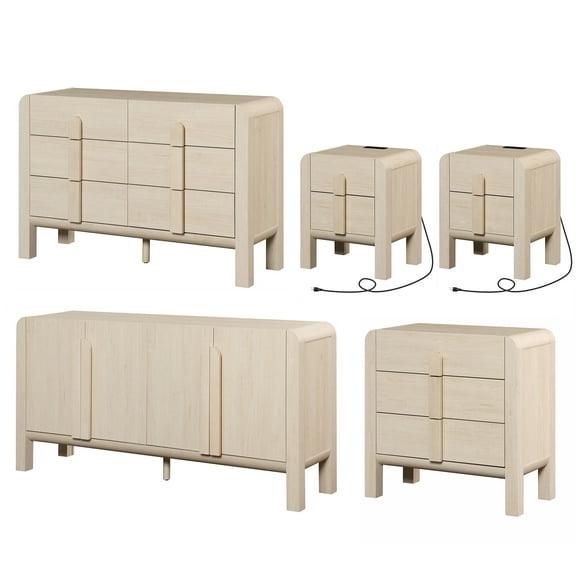 5 Pcs Dresser and Nightstand Sets for Bedroom，Night Stand Set of 2, Mid-Century Modern Bedroom Set with Curved Profile Design, Wooden Storage Cabinet Set