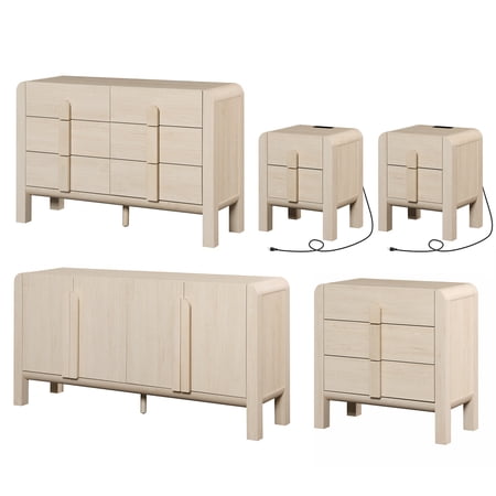 5 Pcs Dresser and Nightstand Sets for Bedroom,Night Stand Set of 2 Mid-Century Modern Bedroom Set with Curved Profile Design Wooden Storage Cabinet Set