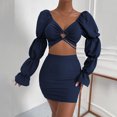 thumbnail image 2 of REORIAFEE Sets for Women Lounge Sets Summer Outfits 2PC Fashion Women V Neck Out Bandage Long Sleeve Blouse + Mini Dress Sets Dark Blue S, 2 of 9