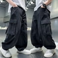 thumbnail image 2 of ZXLBBD Boy's Baggy Cargo Pants High Waisted Loose Fit Solid Color Cargo Trousers with Pockets for Kids Streetwear Versatile Casual Outdoor,Black,Size 11 Y-12 Y, 2 of 4