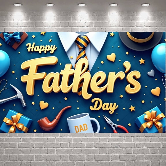 Navy Blue Father's Day Banner Gold Lettering Dad Celebration Backdrop Tool Themed Gift Father Honor Background for Father's Day Party Family Gathering Dad Surprise Event