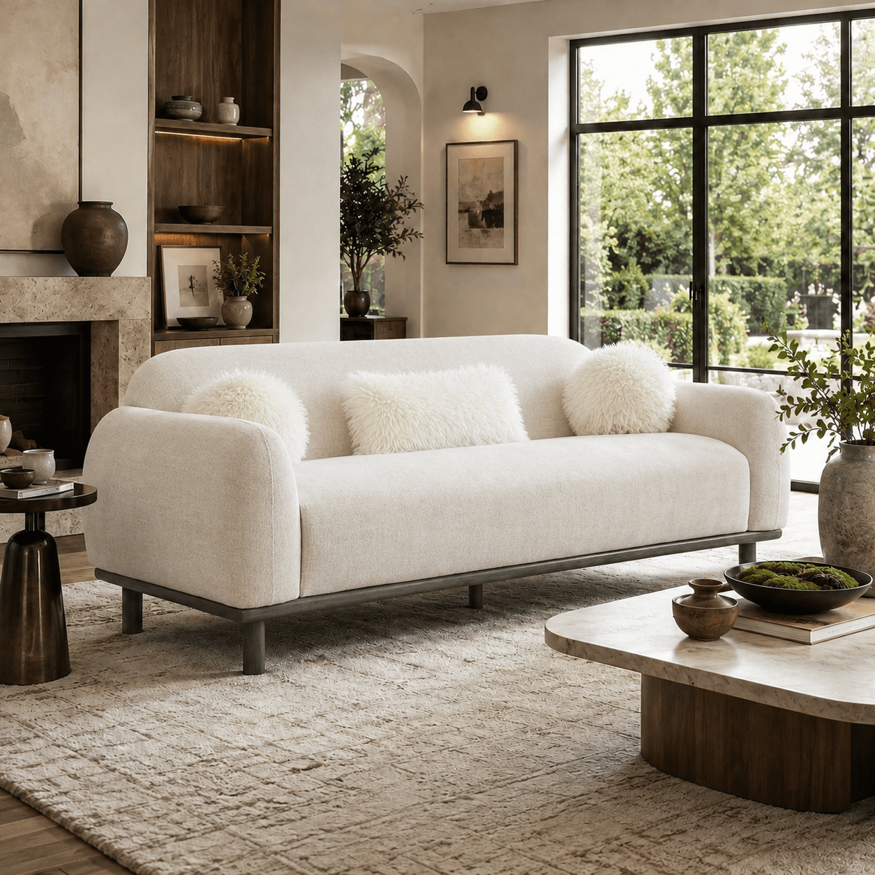 Aenkyo 84 Inch Modern Chenille Sofa, 3-Seater Deep Seat Couch with 3 Pillows, White