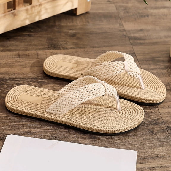 Women's Braided Strap Flat Flip Flops Open Toe Casual Summer Footwear Beige 37