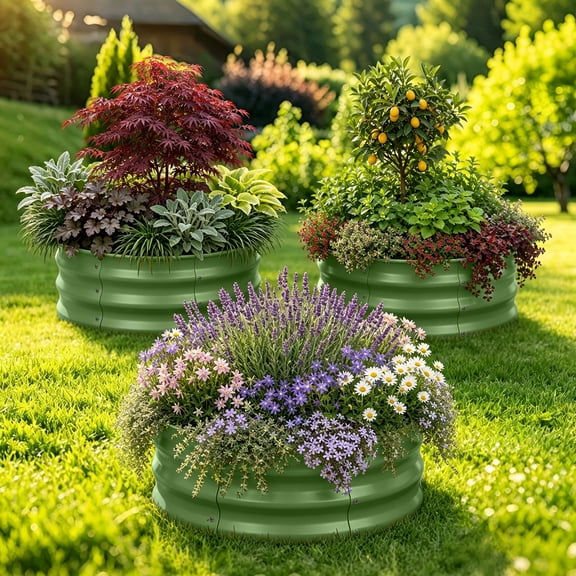 3 Pack 23.6in Round Green Metal Raised Garden Bed – 0.4mm Thick Galvanized Planter Box, Open Bottom for Vegetables Flowers Herbs Outdoor