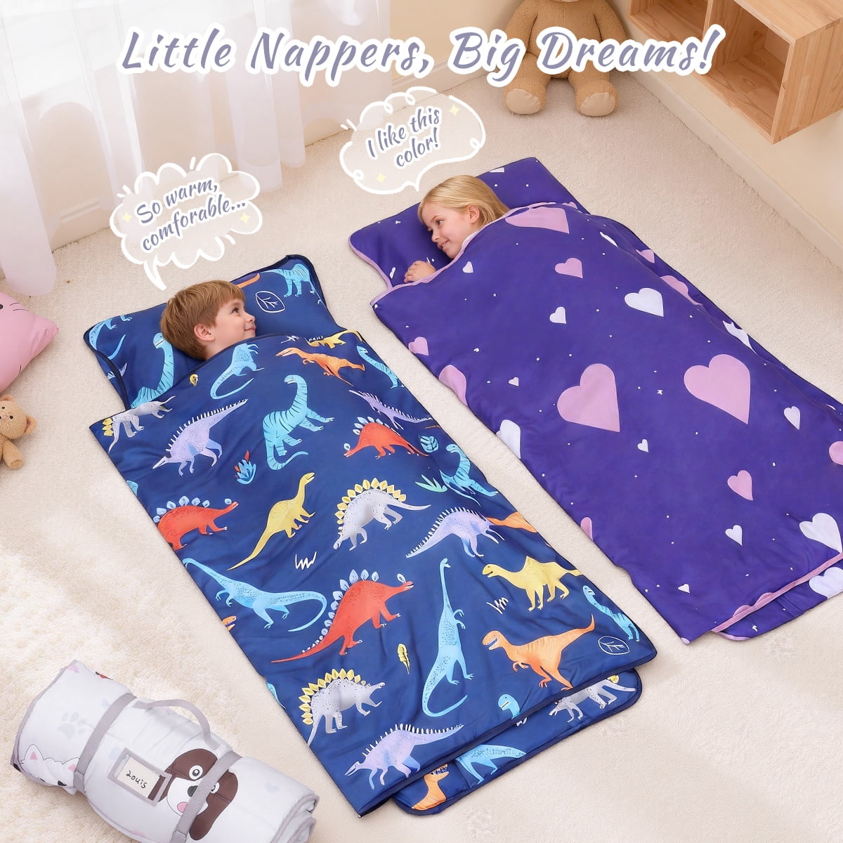 Toddler Nap Mat,  Caveen Sleeping Bag with Blanket and Removable Pillow, Portable Slumber Bags for Daycare and Travel, Easy to Roll, 55"x22", Grey
