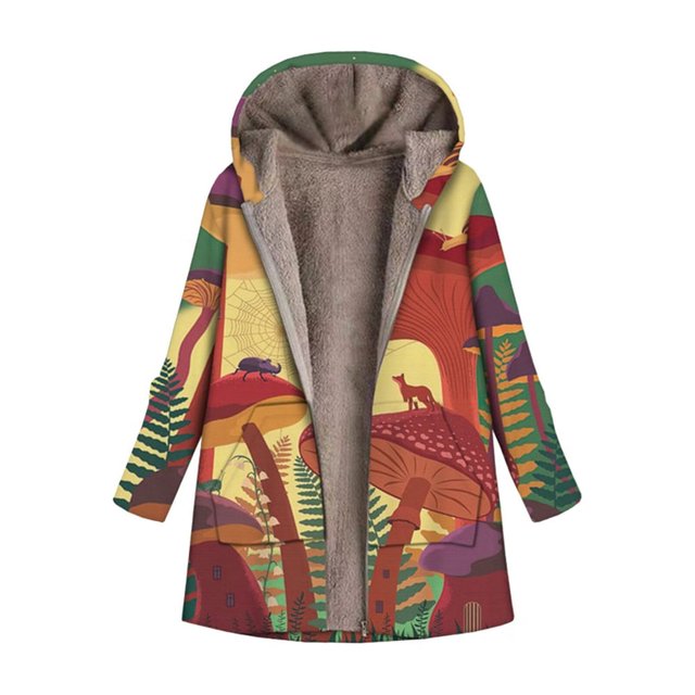 Women Winter Leisure Printed Hooded Plush Jacket Plus Fleece Jacket Coat