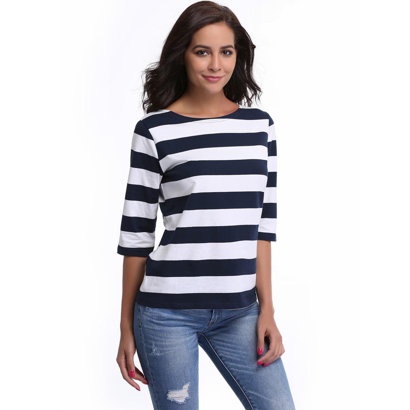 MISS MOLY Women's Summer Round Neck 3/4 Sleeves Striped Tee T-shirt ...