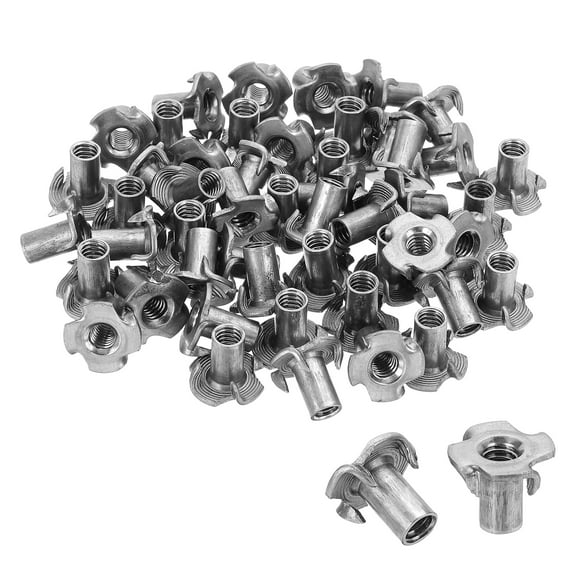 1/4" x 9/16" T-Nuts, 50 Pcs 4 Pronged Tee Nuts Threaded Inserts for Wood Working Rock Climbing Holds Furniture Cabinetry, Silver
