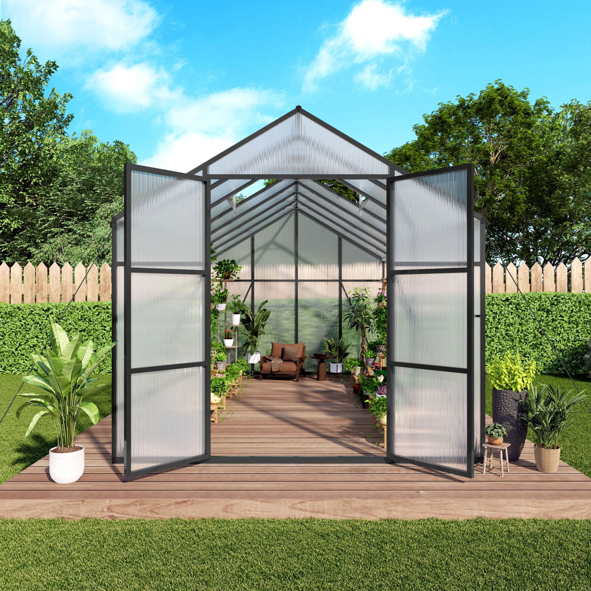 MAYEERTY 8x14 FT Walk-in Greenhouse with Raised Base & Anchors, All-Season Windproof Greenhouse with Drainage System for Backyard, Garden & Patio