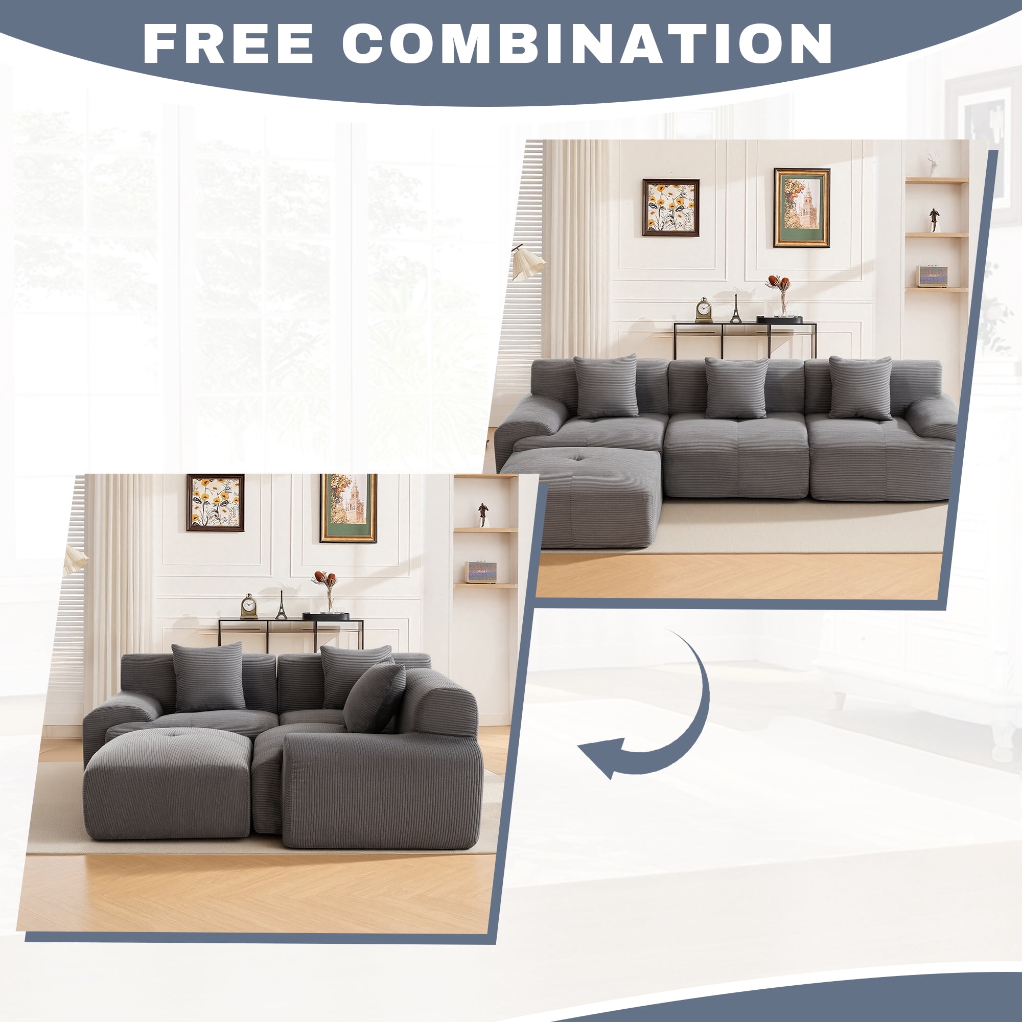 GAOHAPY 120"Modern L Shaped Modular Sectional Sofa,Oversized Corduroy Couch Deep Seat, Boneless Cloud Couch with Ottoman, 30D Sponge for Indoor Living Room, No Assembly Required(Dark Grey)