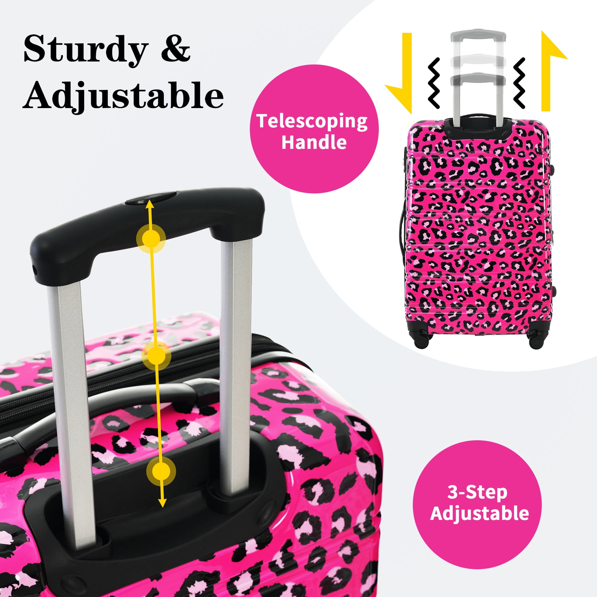 PAPROOS 3-Piece Luggage Set (20"/24"/28"), Hardshell Lightweight Suitcase with TSA-Lock and Spinner Wheels, Expandable Travel Luggage for School, Travel, Hot Pink Leopard