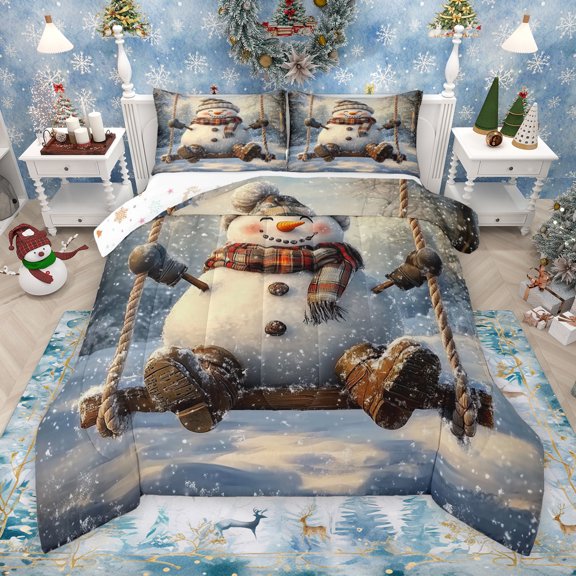 Manfei Kawaii Cute Snowman Bedding Comforter Set for Teen, Happy Holiday Twin Comforter Sets, Cartoon Rustic Festival Reversible Bedding Set, Breathable Home Decor, 2 Pieces