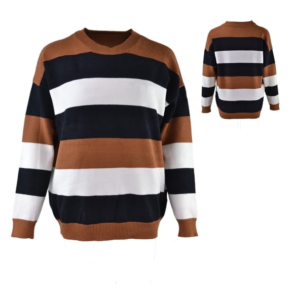 NAYTOAO Women's Striped Crew Neck Knit Sweater, Long Sleeve Relaxed Fit Pullover Sweater for Daily Casual Wear