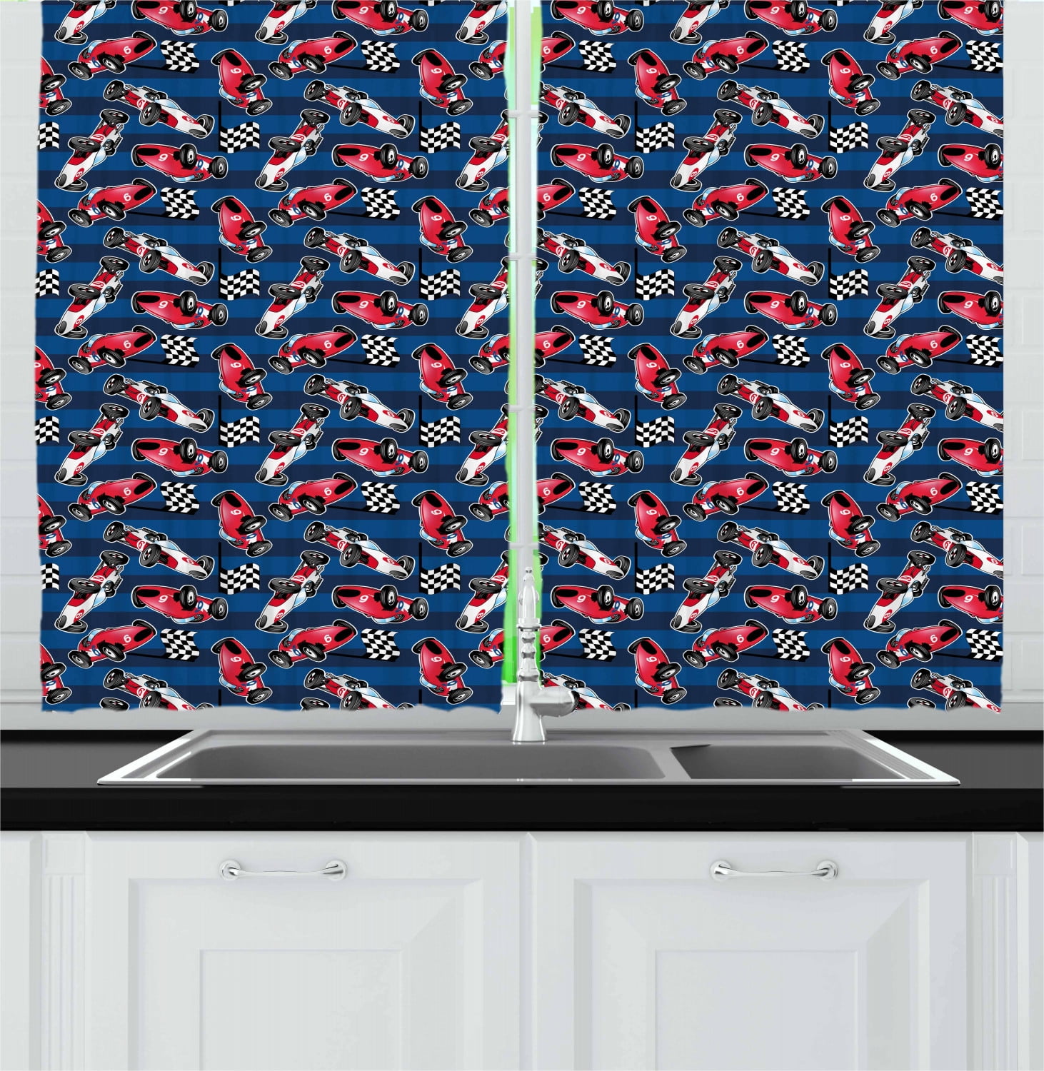 Cars Curtains 2 Panels Set, Vintage Racing Cars on Blue Stripes with Checkered Flags Automobile