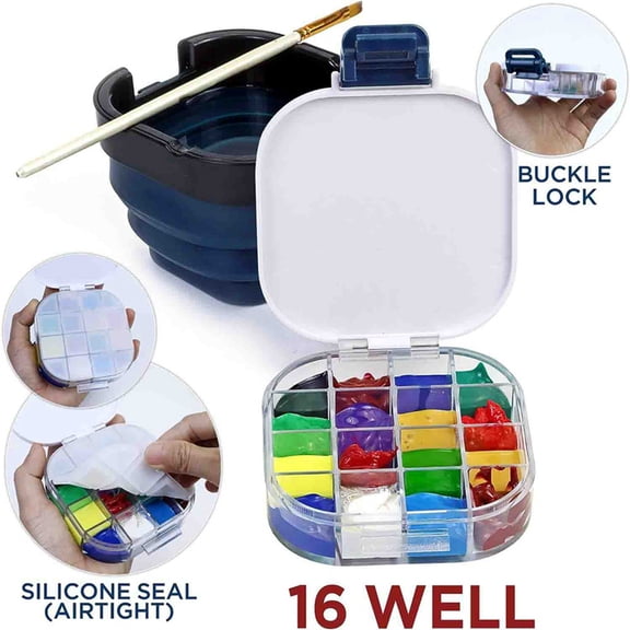 Airtight Paint Saver Storage Palette Box, 16-Well Palette Box with Lid, Include Paint Brush Basin, Perfect for Gouache