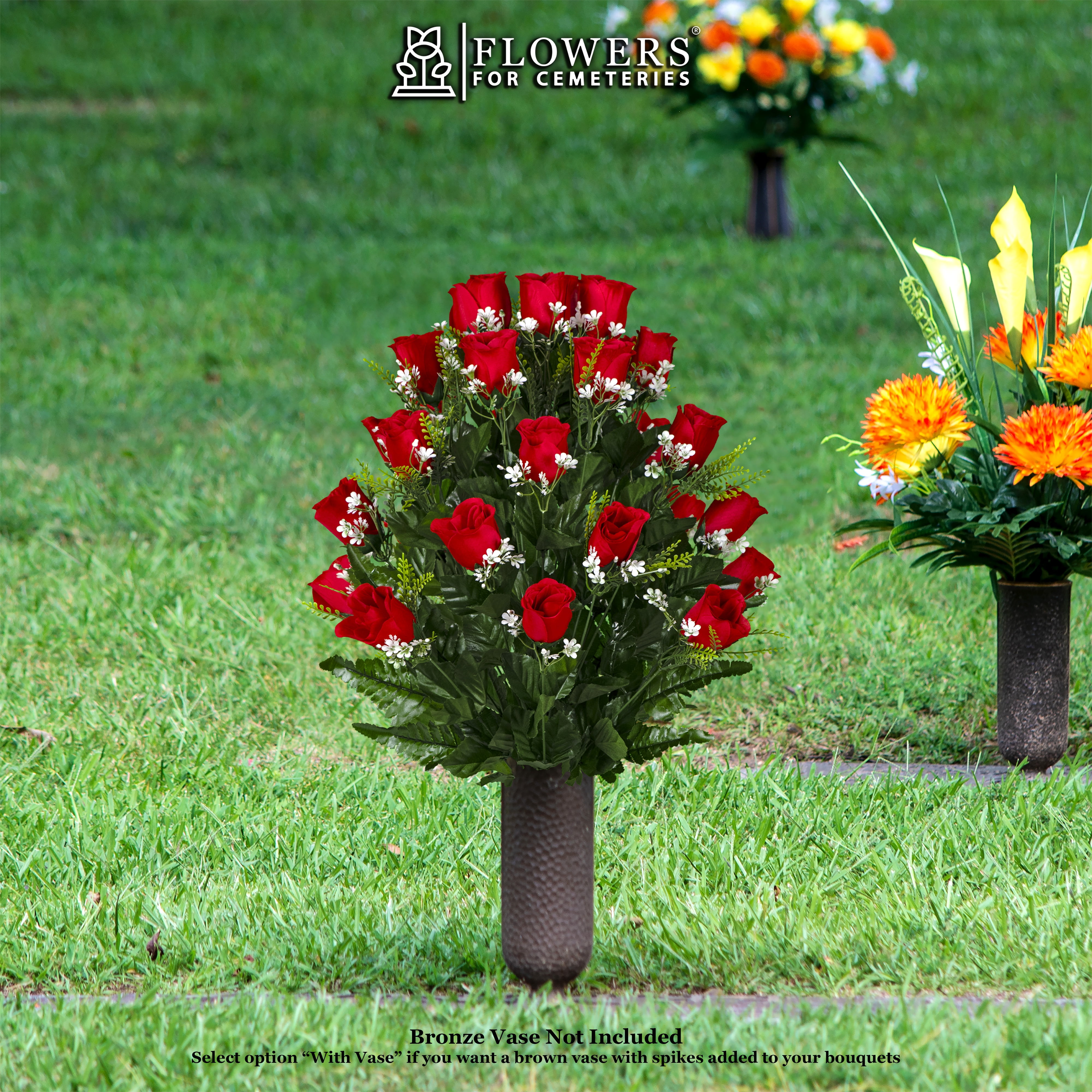 Sympathy Silks Artificial Cemetery Flowers 24" Red Roses Bouquet for an Outdoor Cemetery Vase