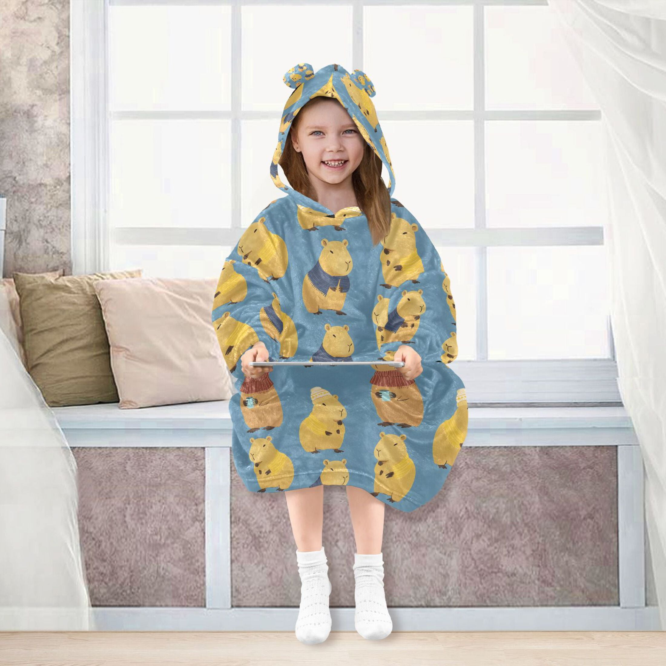 joogoo Blanket Hoodie for Capybara Blue Oversize Sweatshirt 3-14 YR L