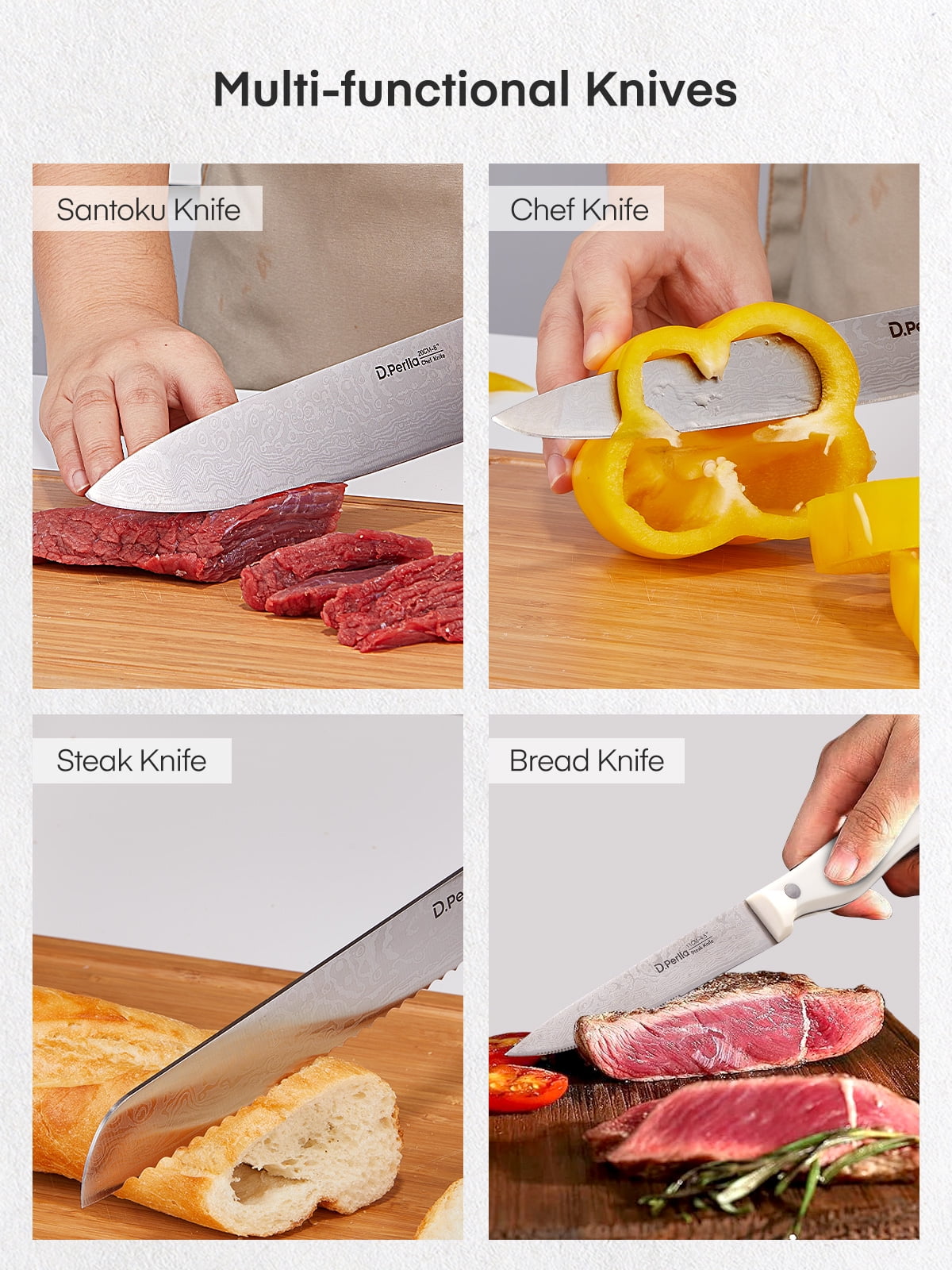 D.Perlla Knife Set, 14 Pcs German High Carbon Stainless Steel Sharp Knives Block Set with Built-in Sharpener, White