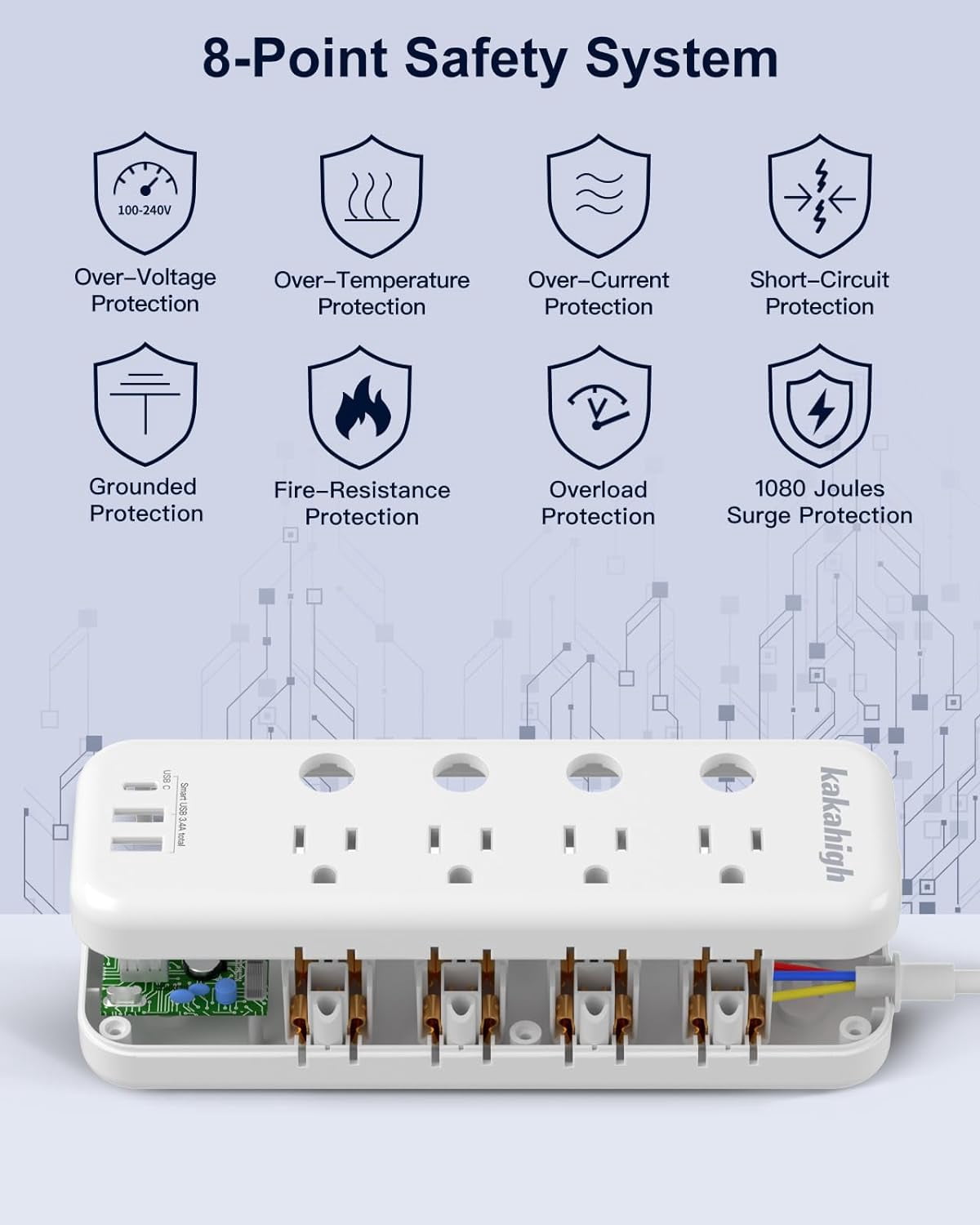 Appliance Extension Cord with Individual Switches on Off - 5 FT, 1875W Heavy Duty Extension Cord with USB Ports, 8 outlets, Circuit Breaker for Microwave, Aquarium, Kitchen, Garage, ETL Listed