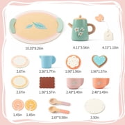 BUSY EDITION 16-Piece Wooden Tea Party Set for Toddlers 3-5 – Pretend Play Kitchen Accessories with Teapot, Cups, Coasters & Desserts