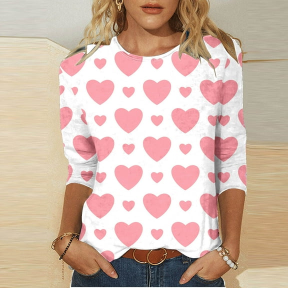 Ayolanni 3/4 Sleeve Women Tops Valentine's Day Pink Pullover Crew Neck Blouses Teen Girls Shirts Clearence