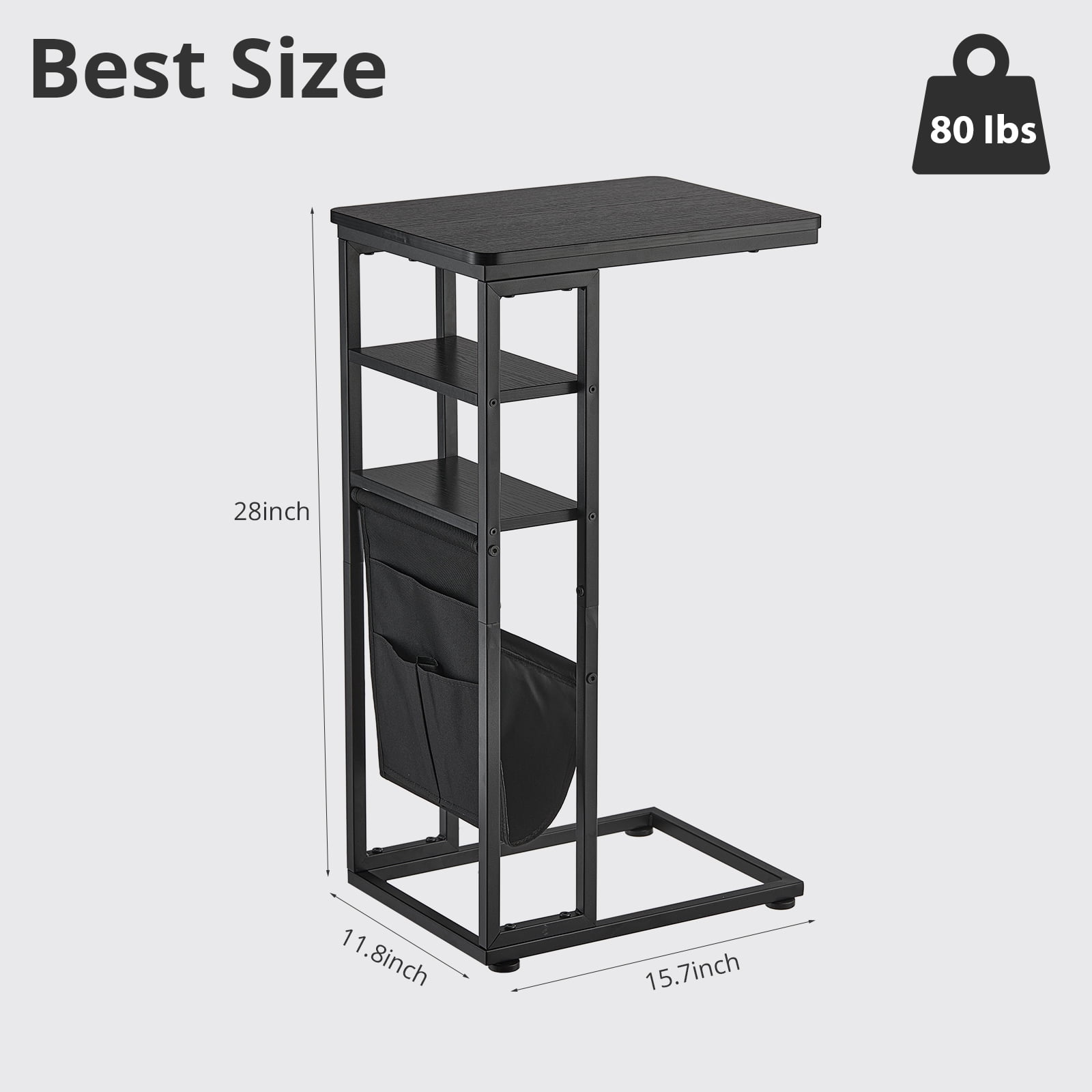 ZEXVIDA C Shaped Side Table, 3 Tier Sofa End Tables with Storage Bag, Sturdy Slide Under Sofa Slim Side Tables with Metal Frame for Small Spaces, Living Room, Bedroom, Industrial (Black)