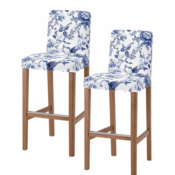 White Blue Spring Floral Bar Stool Covers Set of 2, Summer Botanical Hummingbird Stretch Washable Bar Chair Covers with Backs, Removable Pub Counter Height Chair Cover for Kitchen Dining Room Cafe