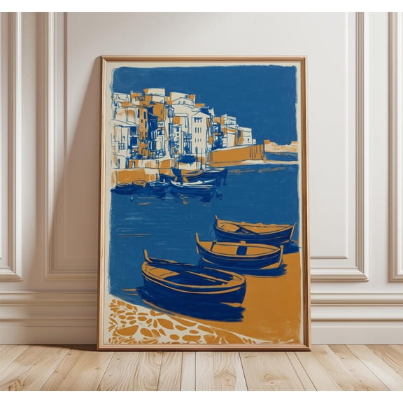 Coastal Harbour Boats Mediterranean Modern Kitchen Wall Decor Art Unframed Paper Print
