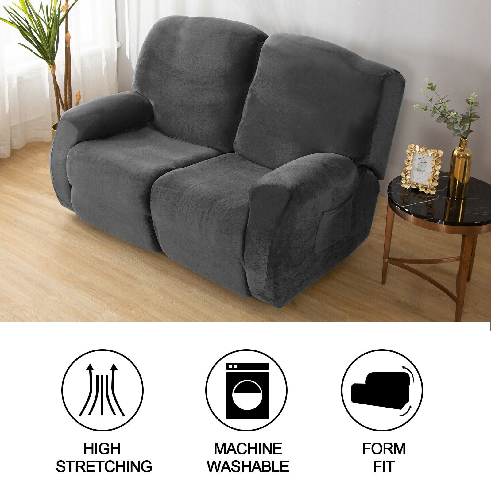 SHANNA Reclining Love Seat Slipcover, 2-Seater 6-Piece Velvet Stretch Loveseat Reclining Sofa Covers, Dark Gray