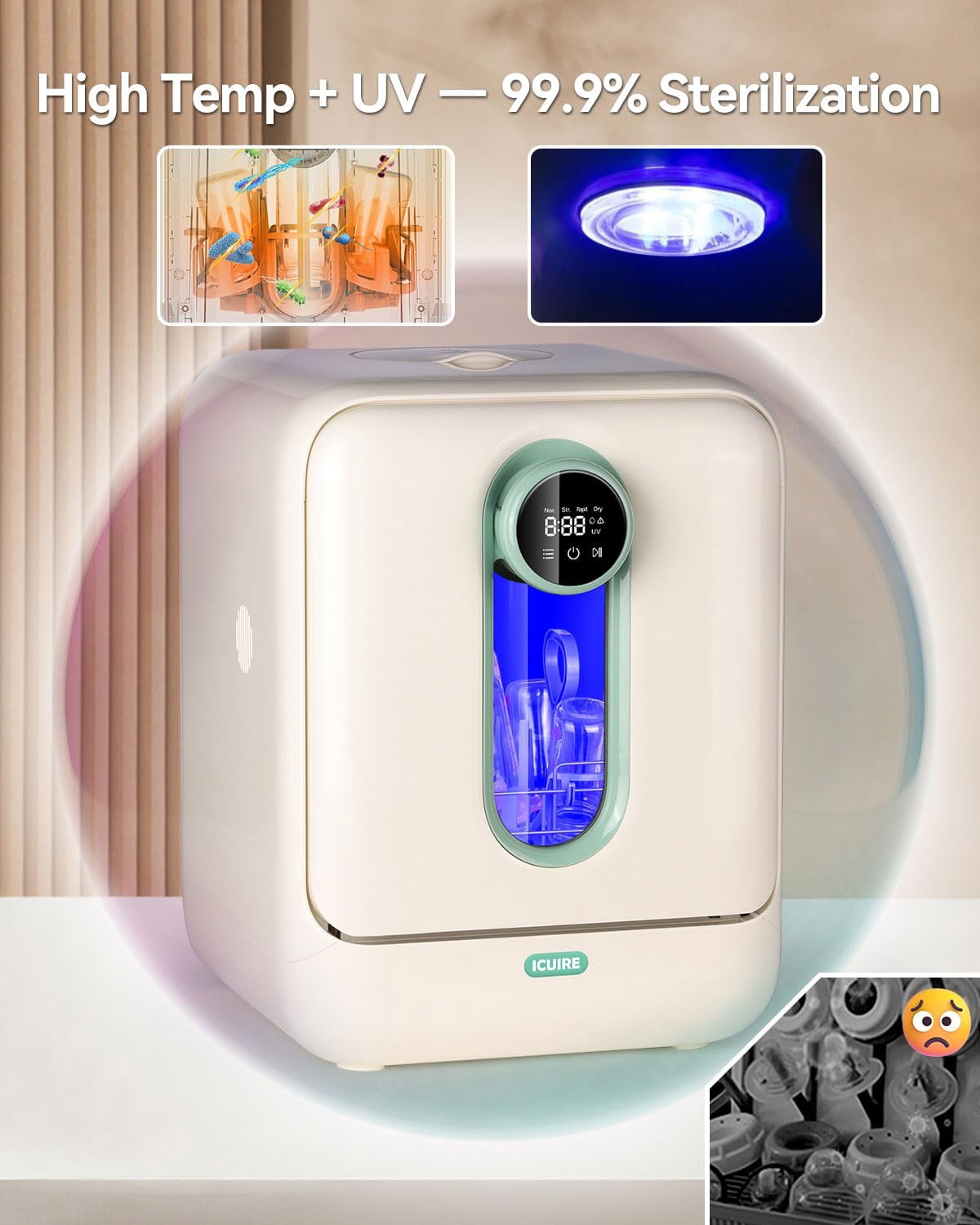 Baby Bottle Washer and Sterilizer and Dryer, 131-167°F High Temperature Sterilize for Baby Stuff, 3.2L Water Tank to Clean Bottles, Pump Part &Pacifiers&Bowl, Newborn Parents One-Hand Operation