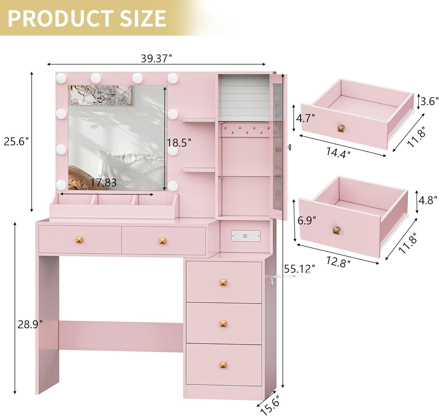 FANRAL Vanity Desk with RGB Ambient Light,LED Mirror & Charging Station,Small Dressing Table with Glass Cabinet & Ample Storage for Bedroom Grooming,Pink Vanity