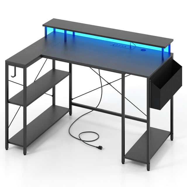 Costway 48" L-Shaped Gaming Desk with LED Lights & Power Outlets Storage Shelves Black
