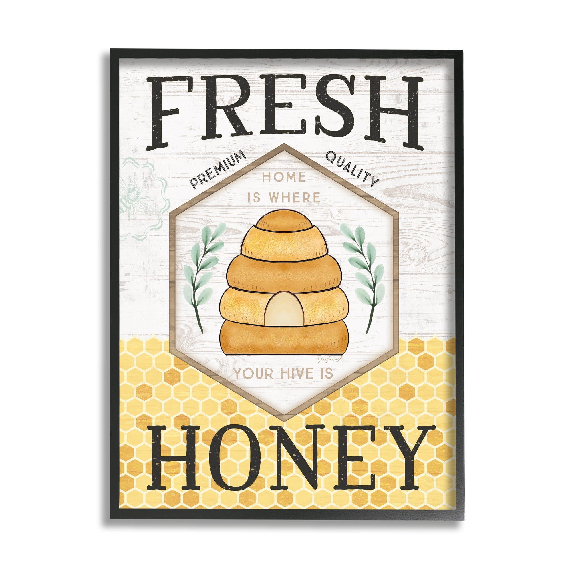 Stupell Industries Fresh Honey Rustic Bee Hive Typography Sign Graphic Art White Framed Art Print Wall Art, Design by Jennifer Pugh