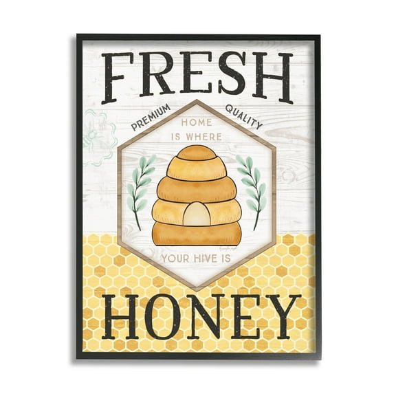 Stupell Industries Fresh Honey Rustic Bee Hive Typography Sign Graphic Art Black Framed Art Print Wall Art, Design by Jennifer Pugh