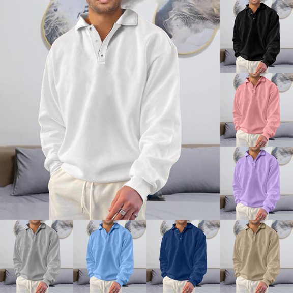 Men's Winter Solid Color Lapel Loose Long Sleeve T-Shirt, Henley Button Up Sport Top for Casual Wear, Gym and Lounge Style,Black,4XL