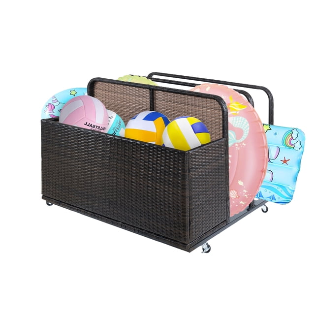 Double Layer PE Rattan Poolside Float Storage Basket – Waterproof Outdoor Organizer with Rolling Wheels – Open Storage Bin for Pool Toys, Cushions, Pillows, Deck & Beach – Sturdy, New Structure Brown