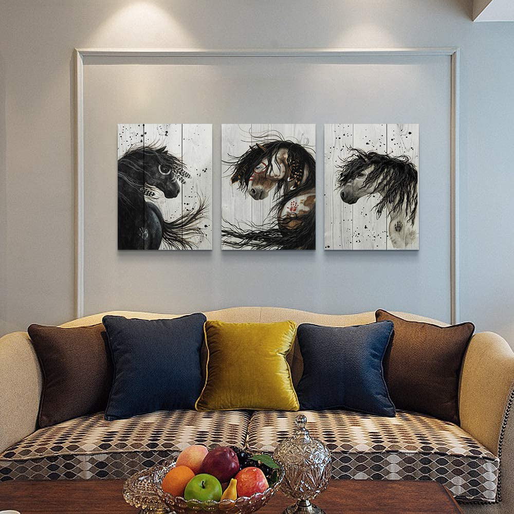 Wall Decorations for Living Room Watercolor Painting Abstract Canvas Prints Wall Art for Bedroom Bathroom Wall Decor office Artworks Black and white animal horses Pictures 3 Piece Home Decoration