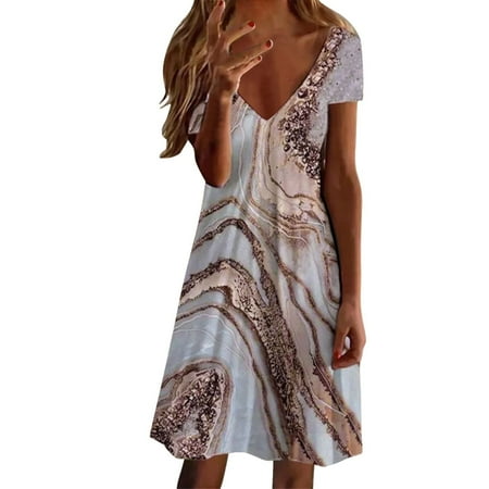 

Juebong Women Casual Tunic Flowy Swing Short Sleeve Sundress Casual V Neck Summer Floral Printed Cap Sleeve Dress Beach A Line Dress