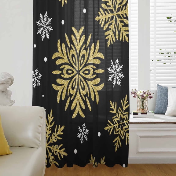 Black Christmas Semi Sheer Curtains Drapes for Living Room, Bedroom, French Doors Window 108 Inches Long, Winter Xmas Snowflakes Textured Rod Pocket Chiffon Curtain Drapery Voile Draperies Panel