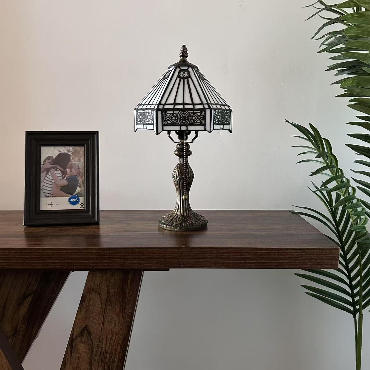 Tiffany Mini Table Lamp White Hexagon Stained Glass LED Bulb Included for Living Room Dining Room Bedroom Bedside 8" D*8" W*15" H