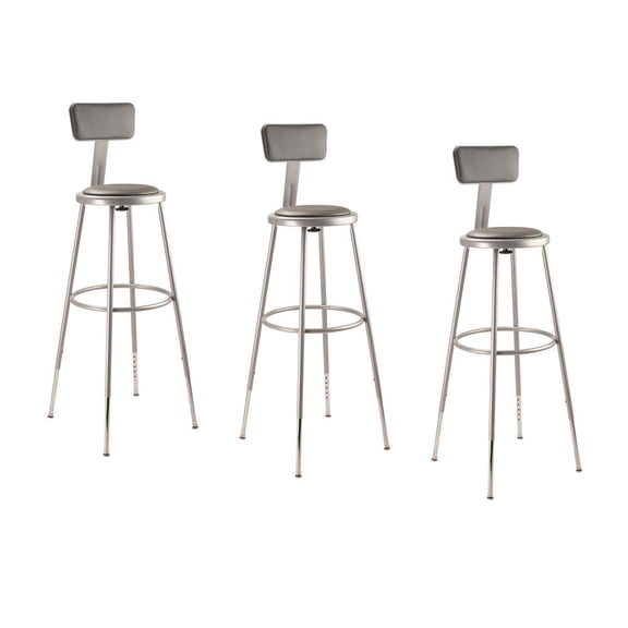 National Public Seating (3 Pack) NPS® 32"-39" Height Adjustable Heavy Duty Vinyl Padded Steel Stool With Backrest, Grey