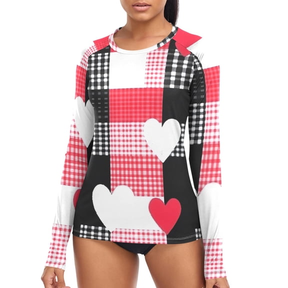 joogoo Womens UPF 50 Sun Shirts Heart on Checkered Grid Pattern Long Sleeve UV Protection Rash Guard Tops S
