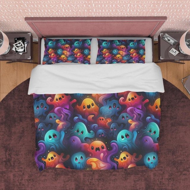 Fantasmas de colores, juego de funda nórdica y funda de almohada de fantasía, ropa de cama estética con cremallera,
