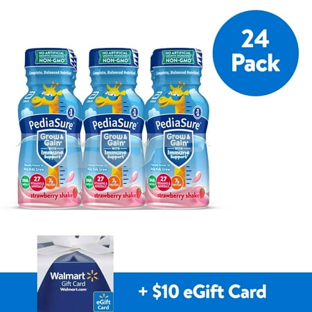 PediaSure Grow & Gain Kids Nutritional Shake, with Protein, DHA, and Vitamins & Minerals, Strawberry, 8 fl oz, 24 Count with complimentary $10 eGift Card