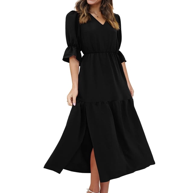 Fankiway Robe Longue Fendue à Manches Mi-Longues Col en V Ample Unie Robes pour Femmes Grande Taille Liquidation Robes d'Été pour Femmes Manches Courtes