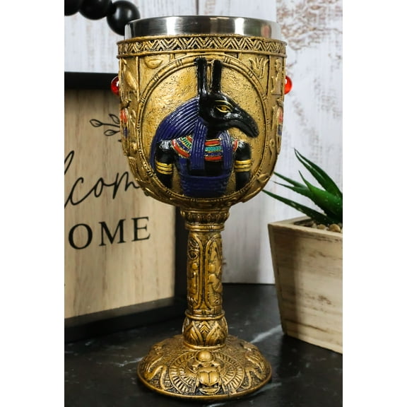 Ebros Ancient Egyptian Seth Wine Goblet in Golden Hieroglyphic Design 6oz 7"H