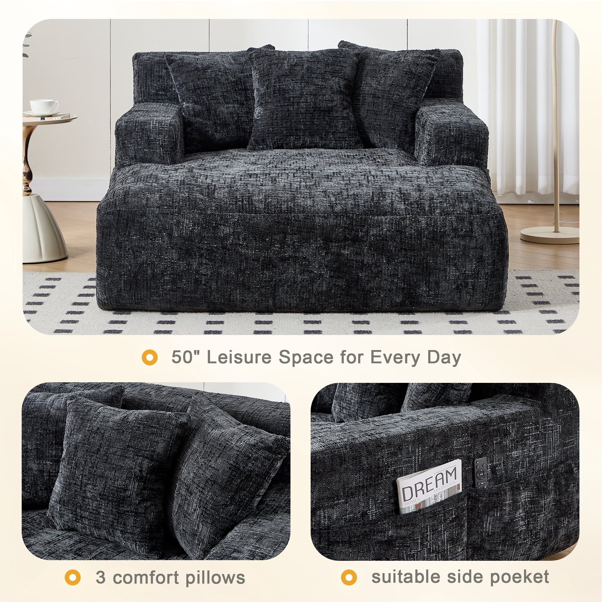 MOONMISS Oversized Chaise Lounge Chair Indoor Furniture, No Assembly Required, Plush Chenille Cloud Floor Sofa Bed for Living Room,Black