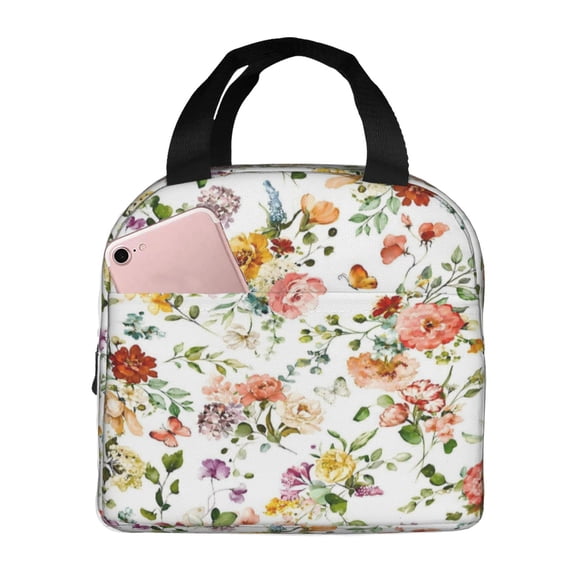 Watercolor Floral Butterfly Lunch Bag Reusable Thermal Lunch Box with Handle for Women and Men