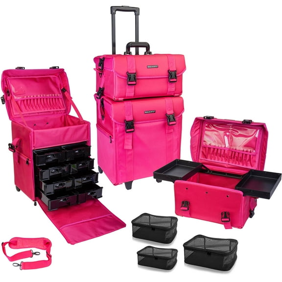 SHANY Makeup Artist Soft Rolling Trolley Cosmetics Case Make up Travel Bag With Beauty Organizer Drawer Bins, TSA Mesh Bag Organizers - Summer Orchid